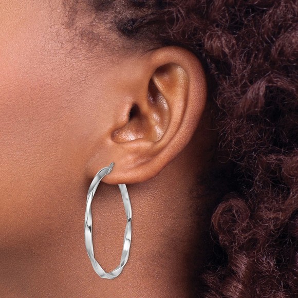 Sterling Silver Rhodium-plated Polished Twisted 2.5x35mm Hoop Earrings - Picture 3 of 4